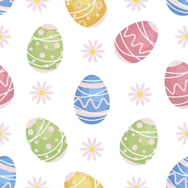 Vector easter seamless cartoon pattern with hand drawn easter eggs and spring flowers on a white background