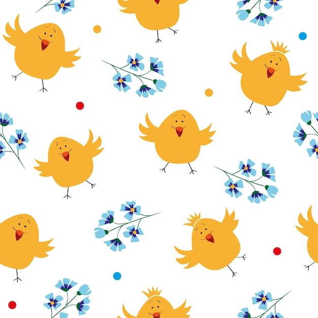 Вектор Пасхальный бесшовный бесконечный фон нарисованные от руки милые цыплята и нежные голубые цветы скандинавский стиль плоская векторная иллюстрация упаковка обоев оберточная бумага textilesx9xdxa