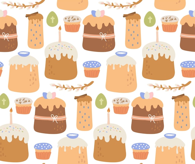 Easter seamless pattern elements cake egg willow