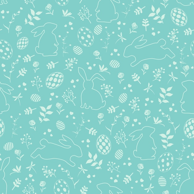 Vector easter seamless pattern on green background with cute rabbits happy on spring garden