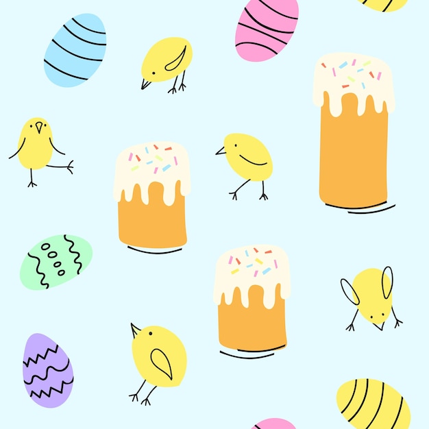 부활절 케이크 달걀과 아기 닭이 있는 만화 스타일의 부활절 원활한 패턴 파스텔 색상