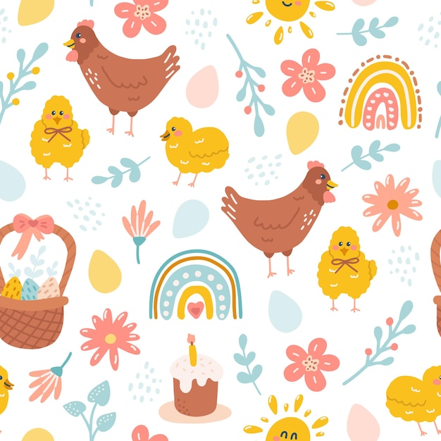 Easter seamless pattern with a basket of eggs chickens flowers and rainbow Vector holiday background