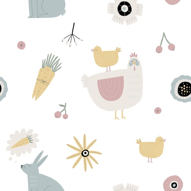 Vector easter seamless pattern with birds bunny and flowers