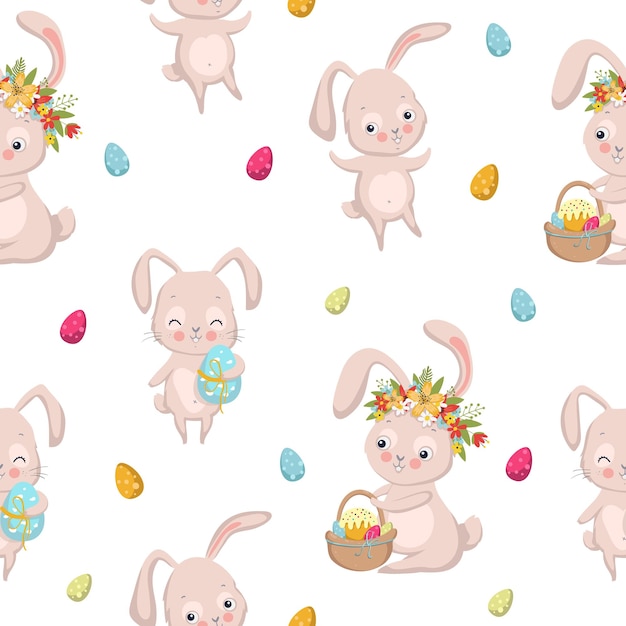 Easter seamless pattern with bunnies eggs easter pies and flowers on white background Vector illustration EPS10