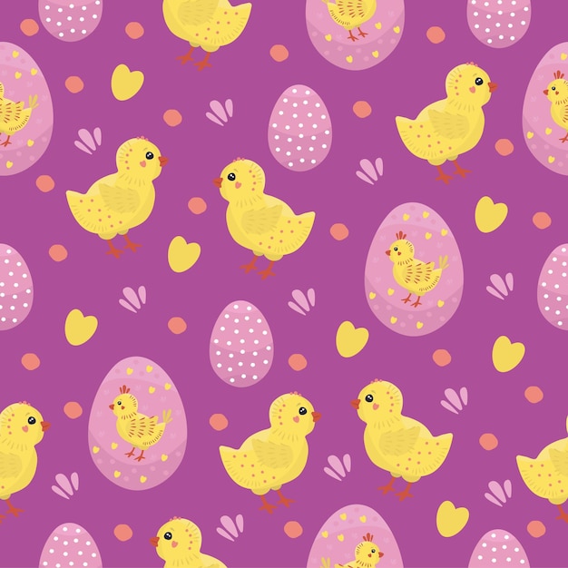 Easter seamless pattern with chicks violet background