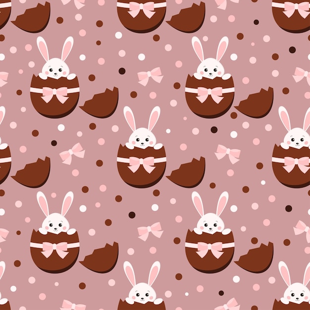 Vector easter seamless pattern with chocolate broken sweet egg and cute bunny rabbit inside with ribbon, bow and dots. flat design cartoon style vector illustration. happy easter endless texture animal print