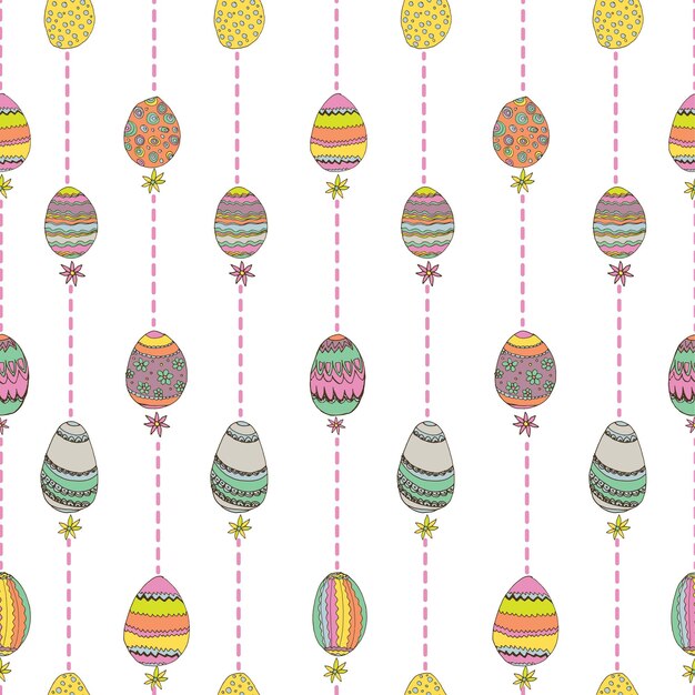 Vector easter seamless pattern with easter eggs flowers branches hand drawn vector illustration