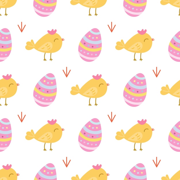 Easter seamless pattern with eggs flowers and plants on blue background Vector flat illustration