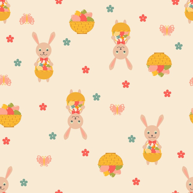 Easter seamless pattern with eggs and rabbits.