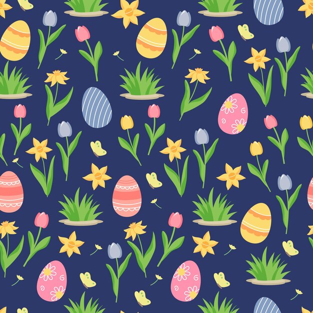 Easter seamless pattern with eggs and spring flowers grass on blue background