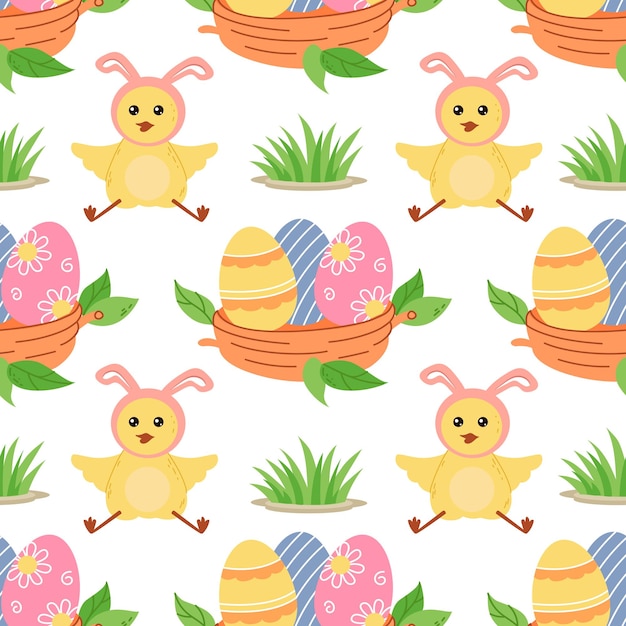 Easter seamless pattern with nest and painted eggs chickens and grass on white background