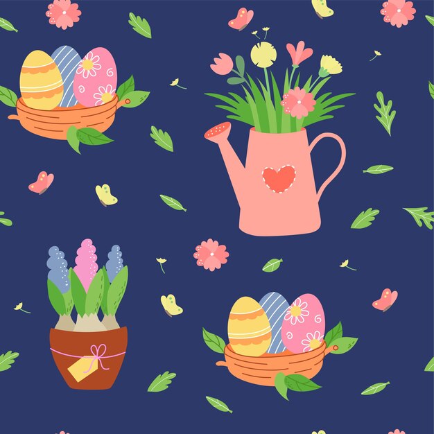 Easter seamless pattern with nest with eggs watering can with bouquet of flowers
