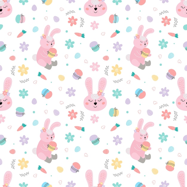 Пасхальный бесшовный узор с розовыми кроликами, куличами, яйцами, ивой. пасхальные кролики украшают пасхальные куличи и крадут яйца. ручная рисованная векторная иллюстрация. пасхальный фон