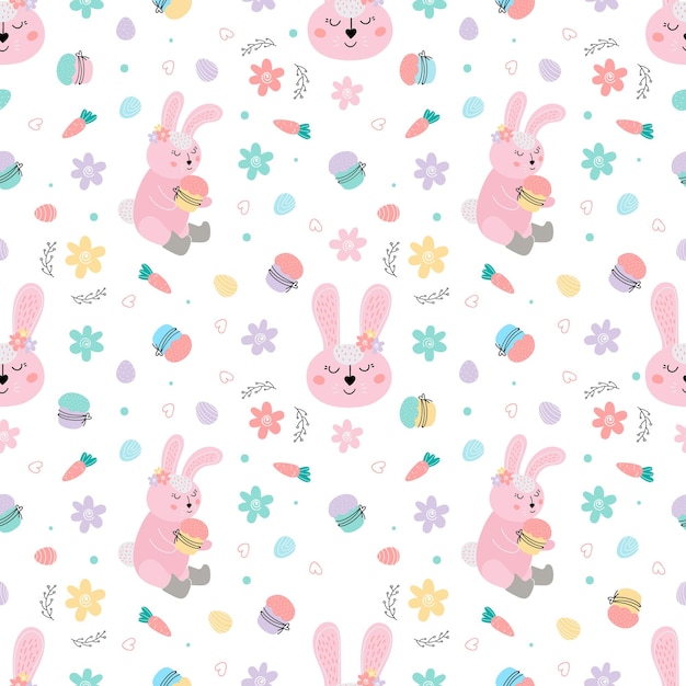 Easter seamless pattern with pink rabbits, cakes, eggs, willow. Easter bunnies decorate Easter cakes and steal eggs.hand drawn vector illustration. Easter background