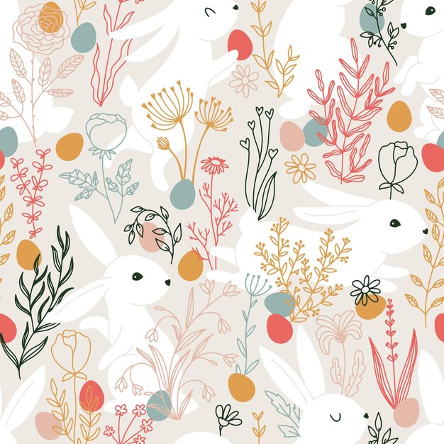 Easter seamless pattern with silhouette hares rabbits and colorful easter eggs handdrawn one line doodle grass and flowers cartoon cute animals limited pastel palette vector