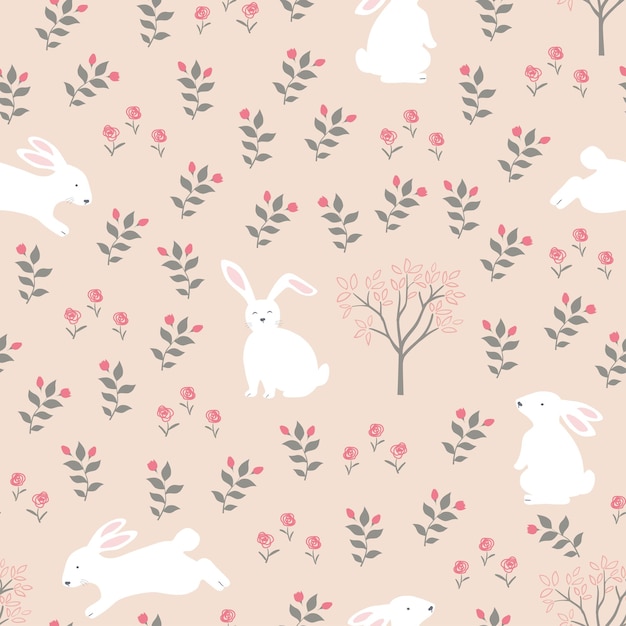 Easter seamless pattern with white rabbits on springtime