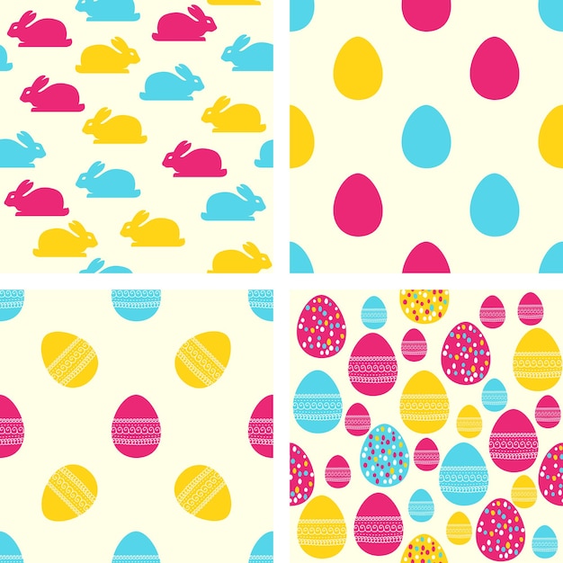 Easter seamless patterns Set of colorful vector backgrounds with easter eggs and bunnies
