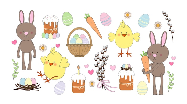 Vector easter set bunny and chick charactersvector illustration in cartoon flat style