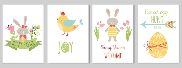 Set di pasqua collezione di carte di elementi happy easter personaggio di animali carini citazione di pollo con uova di coniglio