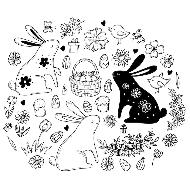 Easter set Cute Easter bunnies basket with eggs and flowers birds and cakes  Outline drawn doodles