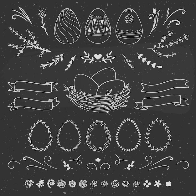 Easter set hand drawn on a chalkboard Vector floral illustration with rustic natural elements