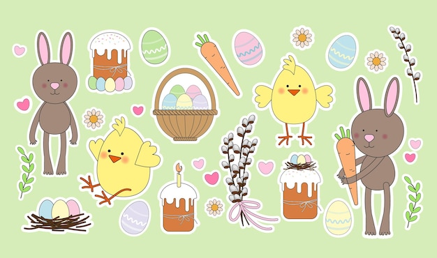 Easter set of stickers with bunnies chicks eggs vector illustration