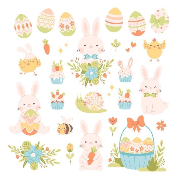 Vettore set di pasqua con uova dipinte conigli polli fiori cupcakes elementi di pasqua e primavera