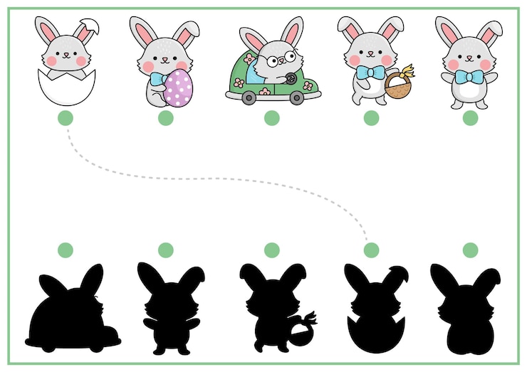 Vector 귀여운 카와이 동물과 함께 부활절 그림자 일치 활동 봄 휴가 모양 인식 퍼즐 맞춤형 실루 인쇄 가능한 워크을 찾으십시오 토끼를 가진 아이들을위한 정원 페이지 xa