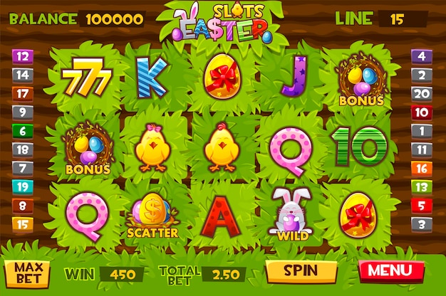 Slot pasquali, slot da giardino per giochi gui. illustrazione vettoriale di una finestra di gioco personalizzata per le vacanze in agriturismo.