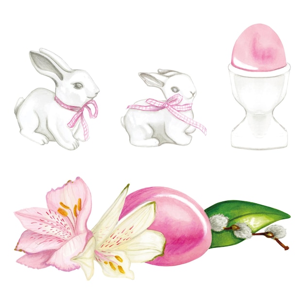 Vector easter spring eggs and porcelain rabbits set