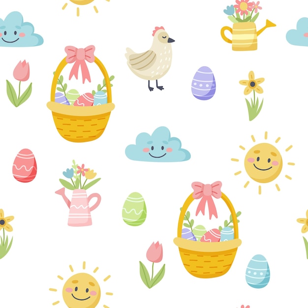 ベクトル かわいい卵と花のイースター春のパターン。手描きのフラットな漫画の要素。