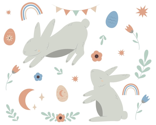 Easter spring set of Scandinavian style design elements with cute bunny eggs flowers and leaves