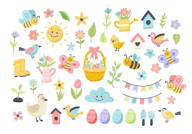 Vector easter spring set with cute eggs, birds, bees, butterflies. hand drawn flat cartoon elements.