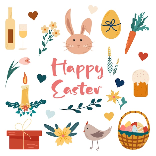 Вектор Пасхальный весенний набор с милыми яйцами, птицами, цветами, подарками и корзиной