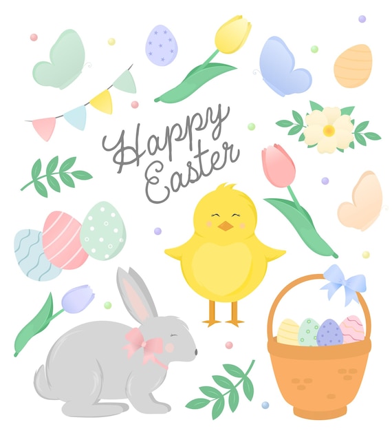 Easter spring set with eggs cute chicken and rabbit butterflies flowers Vector illustration