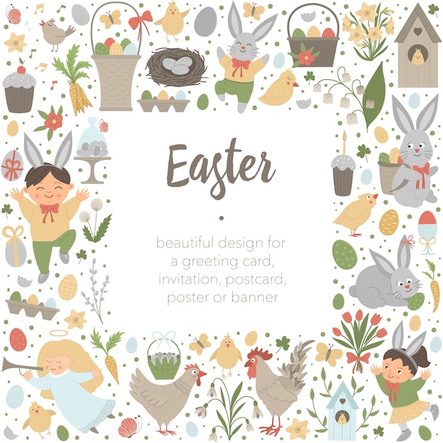  Easter square layout frame border with bunny, eggs and happy children isolated on white background. Christian holiday banner or invitation with place for text. Cute spring card template.
