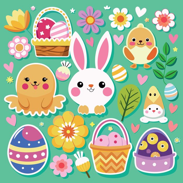 Vector easter sticker hare eggs paint flowers white chicken heart love food baking basket carr
