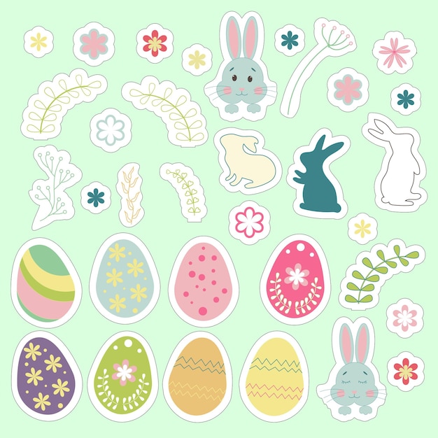 Easter stickers on a blue background Flowers rabbits and eggs