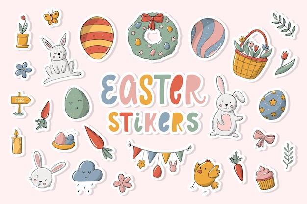 Vector easter stickers pack hand drawn doodles clipart in cartoon style