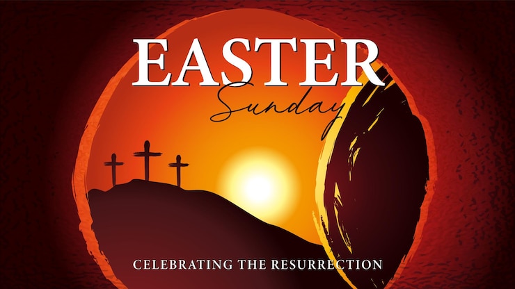 Vector easter sunday morning celebrating, he is risen - tomb and three cross. holy week greeting card.