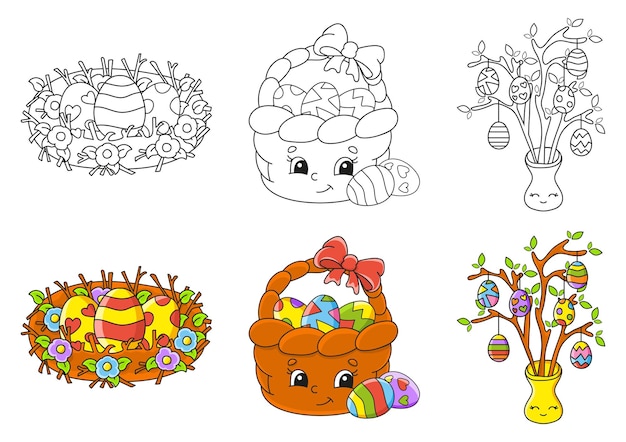 Easter theme. Set coloring page for kids.