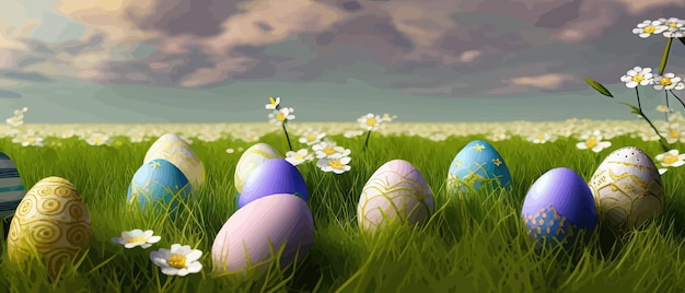 Easter theme with beautiful eggs in grass banner vector illustration as spring background happy