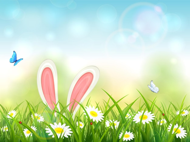 Tema pasquale con orecchie da coniglio. sfondo blu natura con farfalle e coniglio bianco in erba con fiori, illustrazione.