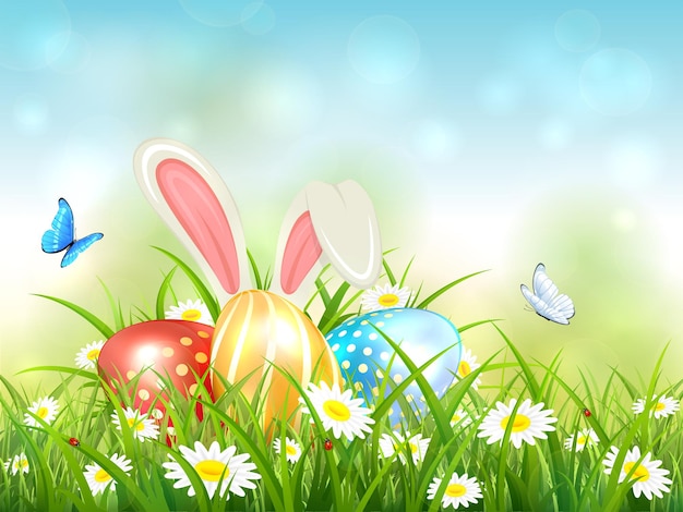 Easter theme with bunny ears and colorful eggs. Blue nature background with butterflies, white rabbit and three Easter eggs in grass with flowers, illustration.