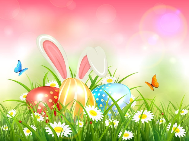 Easter theme with bunny ears and colorful eggs. Pink nature background with butterflies, white rabbit and three Easter eggs in grass with flowers, illustration.