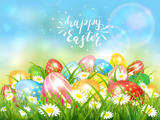 Easter theme with colorful eggs in the grass with flowers. Lettering Happy Easter on blue sky background. Spring nature. Illustration can be used for holiday design and greeting card.