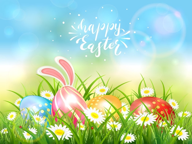 Vector easter theme with eggs and bunny ears. lettering happy easter on blue nature background with butterflies and a white rabbit behind eggs in the grass with flowers, illustration.