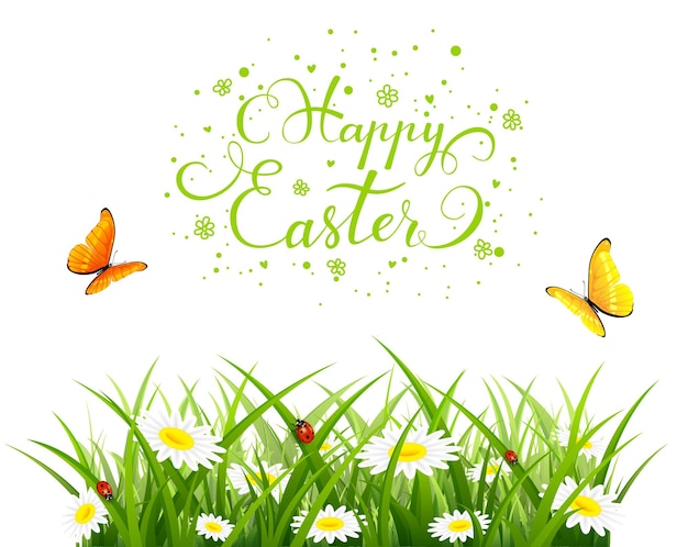 Easter theme with a flying butterflies over grass and flowers nature background with lettering happy easter illustration