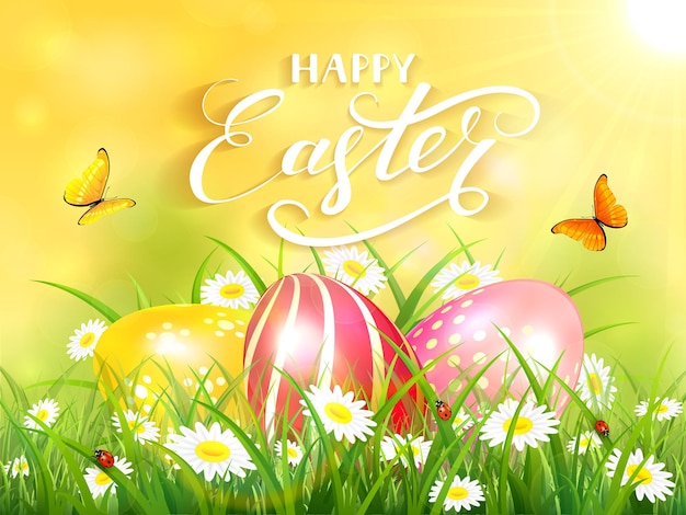 Tema pasquale con farfalle volanti e tre uova colorate su erba e fiori sfondo giallo natura con raggi di sole e scritte happy easter illustration