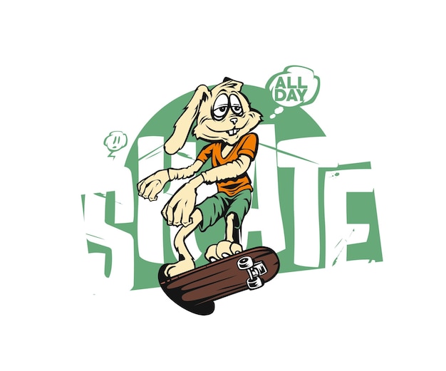 Vector easter tshirt design bunny with skateboard text all day skate banner template